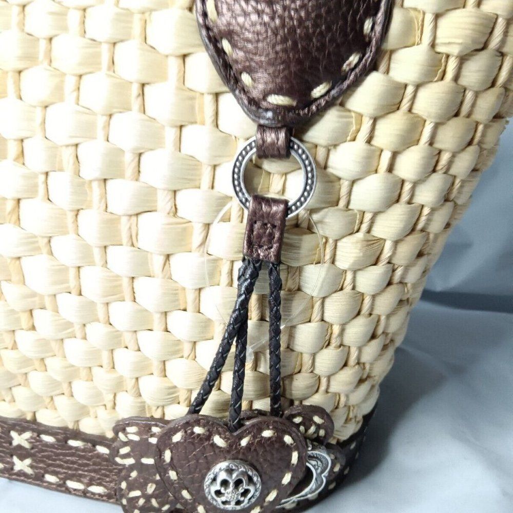 Brighton Straw & Leather Tote Shoulder Bag Silver & Leather Charms Cream & Brown - Picture 3 of 9